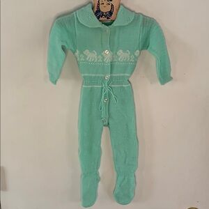 Vintage KMart mint green knit sweater bodysuit with puppies Size 0-9 months